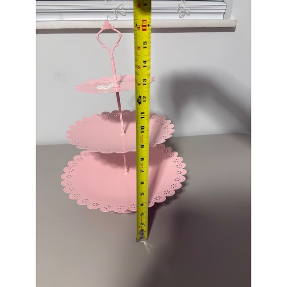 Pink 3 Tier Metal Cupcake Stand Eyelet Lace Scalloped Edge Dessert Tower 16in - Picture 7 of 9